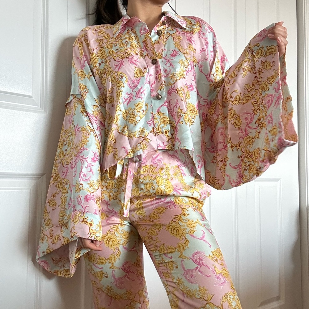The Kooples Baroque Floral Kimono Style Silk Blouse and Matching pants